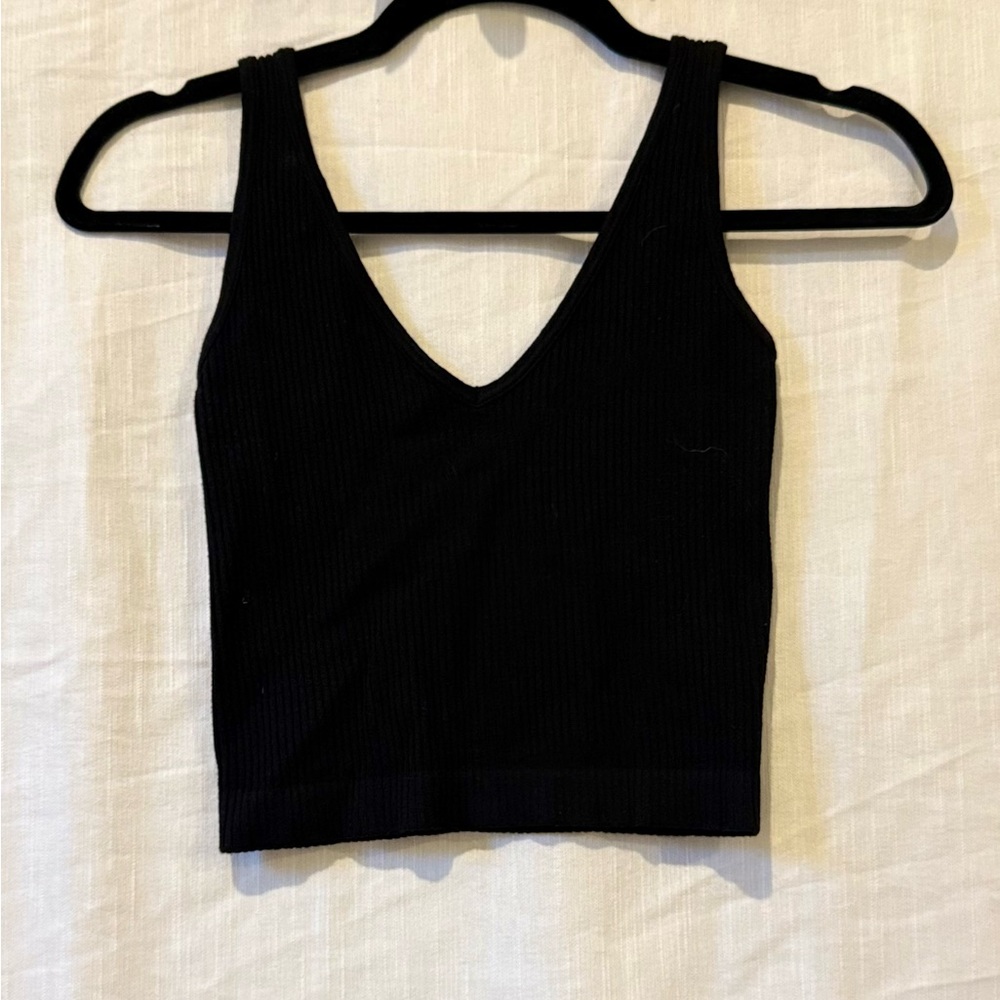 Black Ribbed V-Neck Women's Top